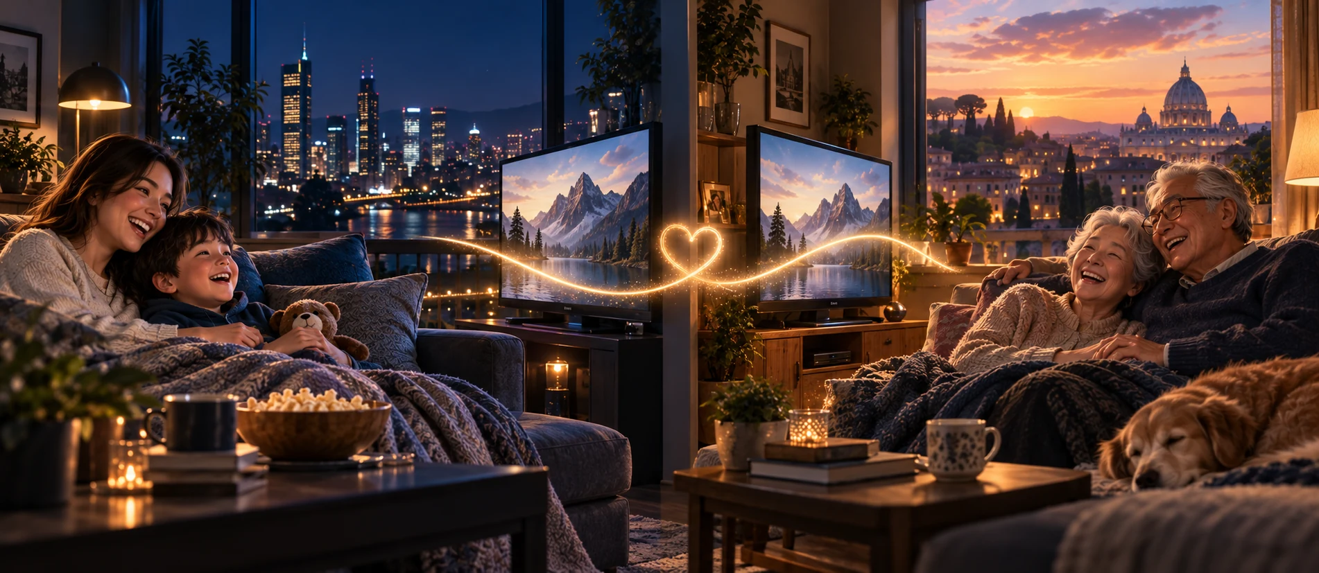 A parent and child and their grandparents watch the same movie from homes in different cities, connected by a glowing heart