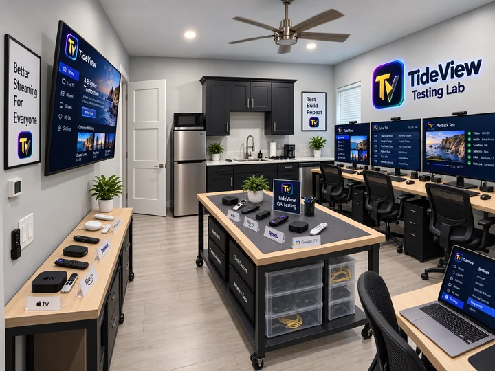Second concept mock-up of the planned TideView Testing Lab, showing a large TV, streaming-device shelves and a central test bench