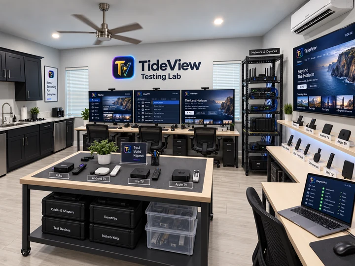 Concept mock-up of the planned TideView Testing Lab, with three workstations, a network rack and a table of streaming devices
